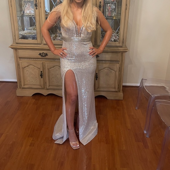 Silver Sequin Maxi Dress ONLY WORN ONCE (Size Small) - Picture 1 of 5
